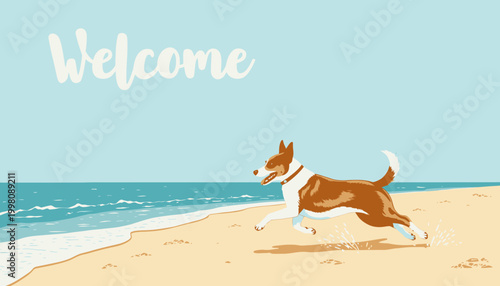 Illustration of a Happy Dog Running Playfully on a Sandy Beach Beside the Gentle Waves of the Ocean with a Warm Welcome Message in the Sky