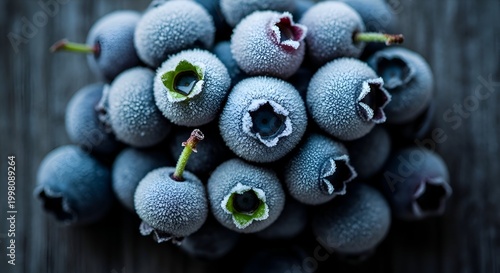 Close up of fresh blueberries with frosty bloom on a dark wooden surface