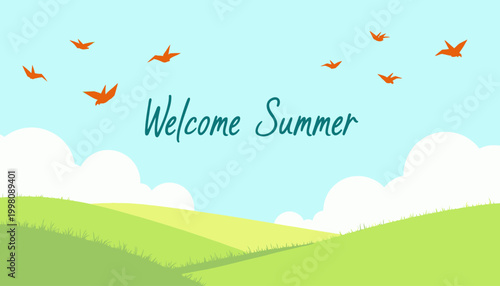 Serene Landscape with Rolling Green Hills Under a Clear Blue Sky, Features Orange Birds Flying Above Lush Grassy Fields Signifying the Arrival of Summer