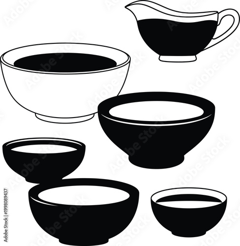 Black and white bowls and gravy boat ceramic 1
