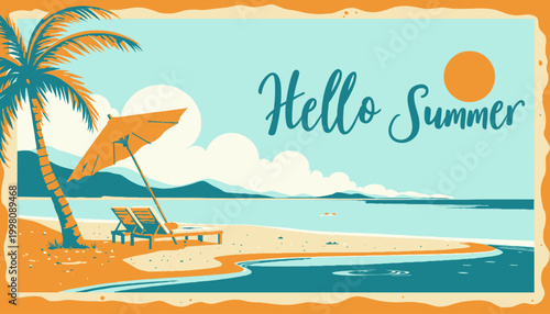 Tropical Beach Paradise with Scenic Ocean View, Palm Trees, and Relaxing Loungers Under a Sunlit Umbrella for the Perfect Summer Getaway