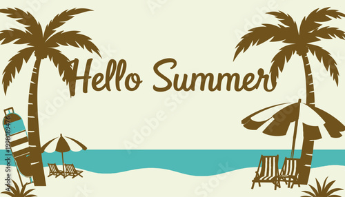 Tropical Paradise Beach Scene with Palm Trees, Sun, and Relaxing Loungers Under Umbrellas Near a Serene Ocean Decorated with Colorful Surfboards