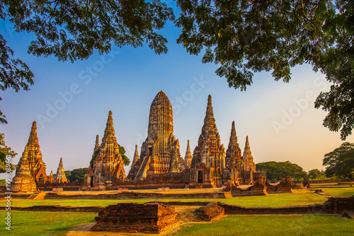 Landscape of Wat Chaiwatthanaram Temple in Buddhist temple Is a temple built in ancient sunset time at Ayutthaya Historical Park near Bangkok. Thailand
