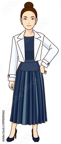 シンプルで上品な女性の全身イラスト（ビジネス・オフィススタイル）