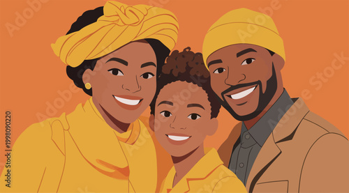Flat Illustration of Happy Black Family Portrait