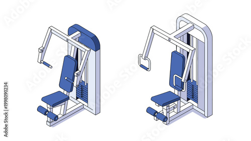 Isometric view of two different types of professional gym weight machines designed for chest press exercises in a fitness facility.