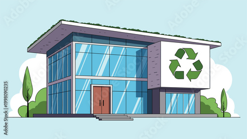 Sustainable office building design featuring a glass facade and a prominent green recycling symbol to promote corporate environmentalism.
