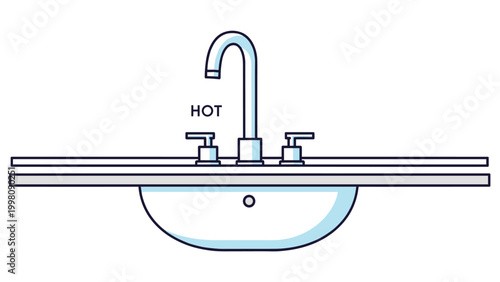 Plumbing illustration of a bathroom sink and faucet with hot and cold water controls, presented in a clean blue and white line style.