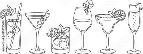 Continuous one line cocktail doodle glass set with margarita and martini linear style vector