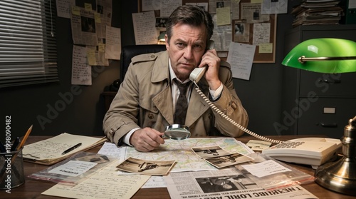 A handsome manager in a professional suit sits at his office desk working on a laptop while handling papers and a pen