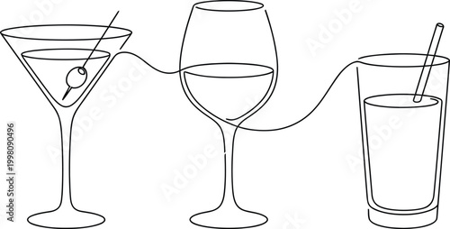 Continuous one line cocktail doodle glass set with margarita and martini linear style vector