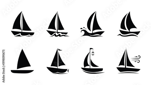 Eight minimalist sailboats glide across calm water surfaces with wind