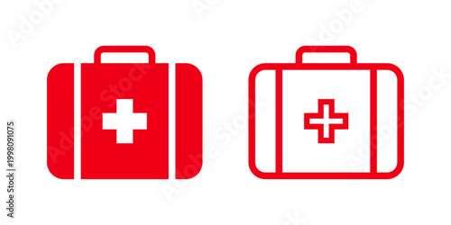 First Aid Kit and Med Kit Icon set in flat and outlined style. Health icon concept of medicine, emergency, aid, health, disease, hospital icon symbol stock illustration