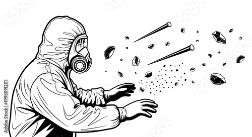 person in hazmat suit protective suit dealing with industrial hazard and airborne debris ensuring personal protection from asbestos.