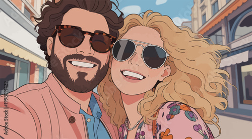 Happy couple taking selfie on city street during travel