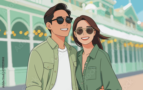 Happy Couple Wearing Sunglasses Posing Outdoors
