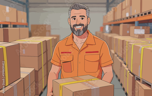 Warehouse worker carrying cardboard shipping box in storage facility