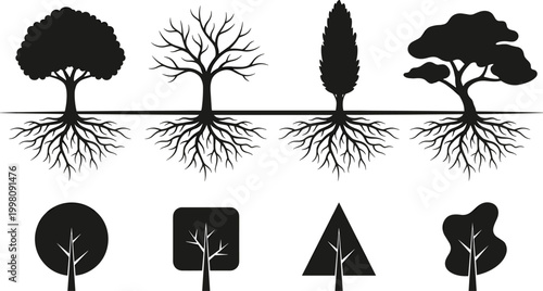 Black and white stylized silhouette illustration set of trees with visible roots and simplified geometric canopy versions, perfect for botanical, educational, and design purposes