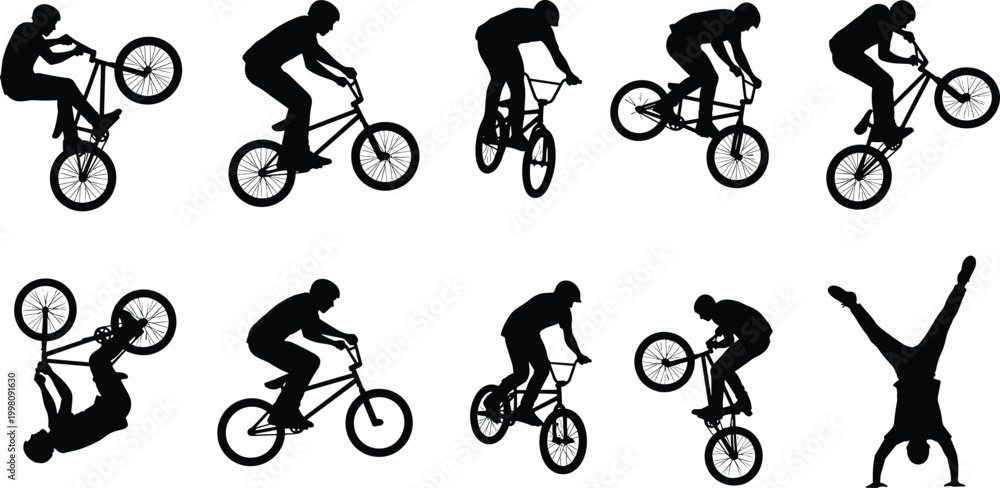 Fototapeta premium BMX Cycling Action Vector Set with Stunts, Tricks, and Riders Performing Extreme Sports for Fitness and Adventure Designs