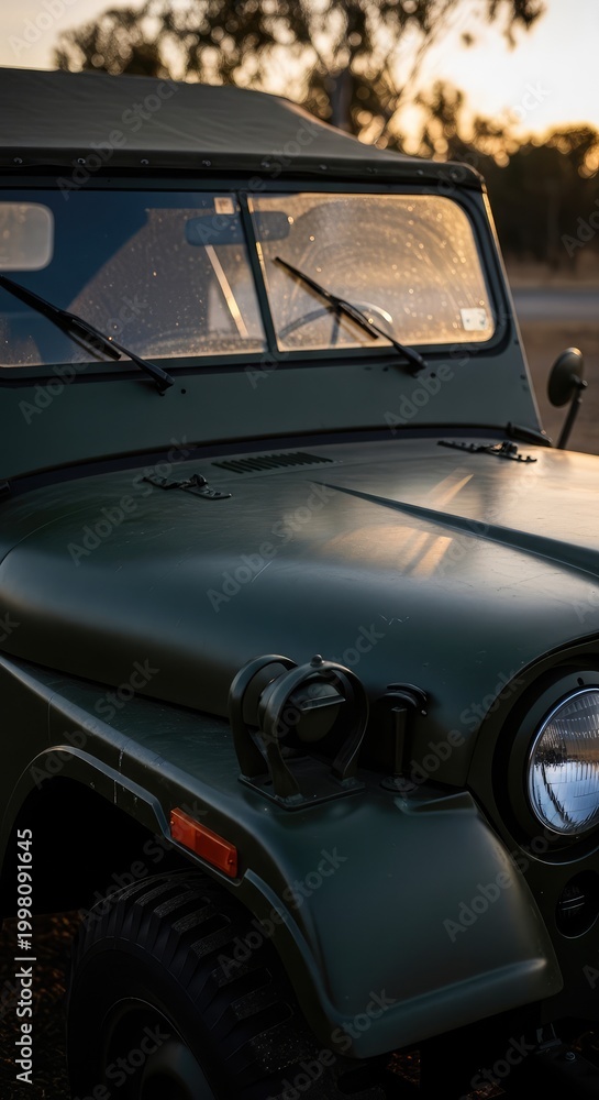 Fototapeta premium Vintage military jeep in golden hour sunlight with soft reflections on windshield
