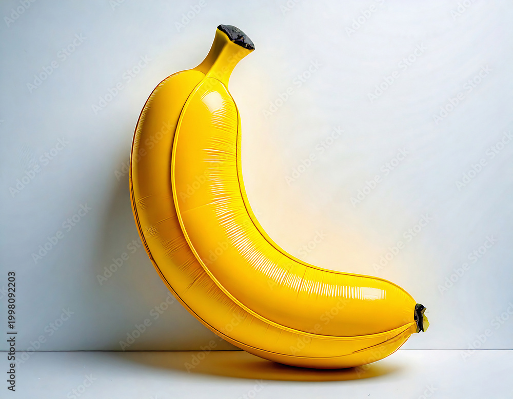 Naklejka premium This vibrant yellow inflatable banana balloon leans against a clean white wall. A playful pop art concept, perfect for quirky advertising, fun summer themes, and minimalist design projects.
