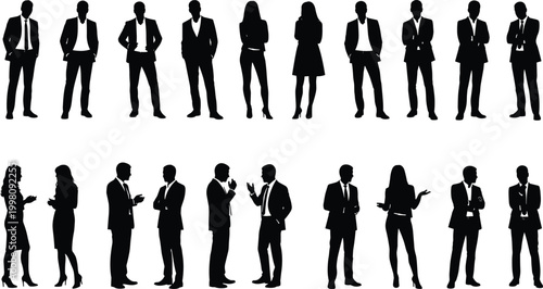 Black silhouette illustration of business professionals in individual and group interaction poses symbolizing corporate attire, communication, and workplace dynamics