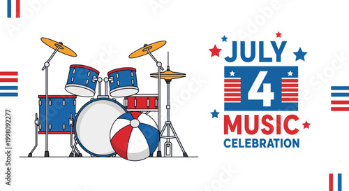 4th of July, patriotic music, celebration icons, red white blue, drum set, vector graphics