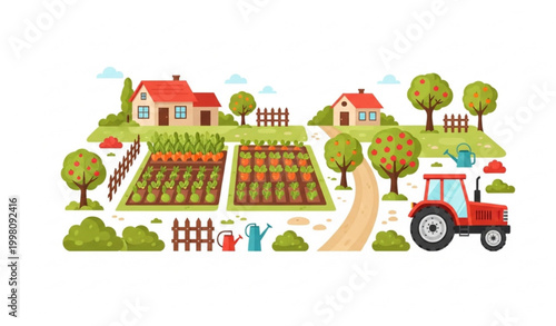 Farm and garden landscape vector with village house tractor trees and vegetable beds flat agriculture illustration