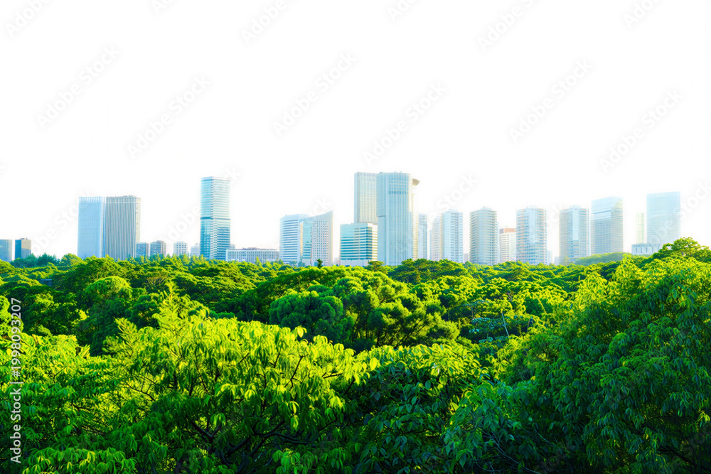 Fototapeta premium Modern city skyline rises behind a lush green forest canopy for sustainable urban development concept.