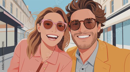 Happy couple taking selfie on downtown city street