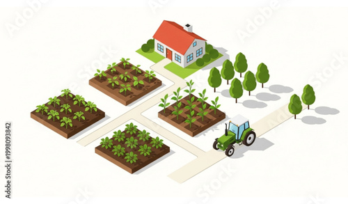 Isometric farm and agriculture vector with garden beds trees tractor and village house modern countryside concept
