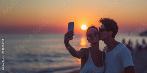 Happy young couple, taking a selfie on a beach at sunset, kissing man and smiling woman on summer vacations, ocean panoramic background with copy space
