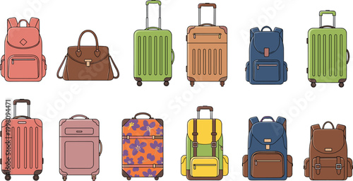Fényképezés Colorful Travel Luggage and Backpack Icon Set Featuring Suitcases, Carry-Ons, an