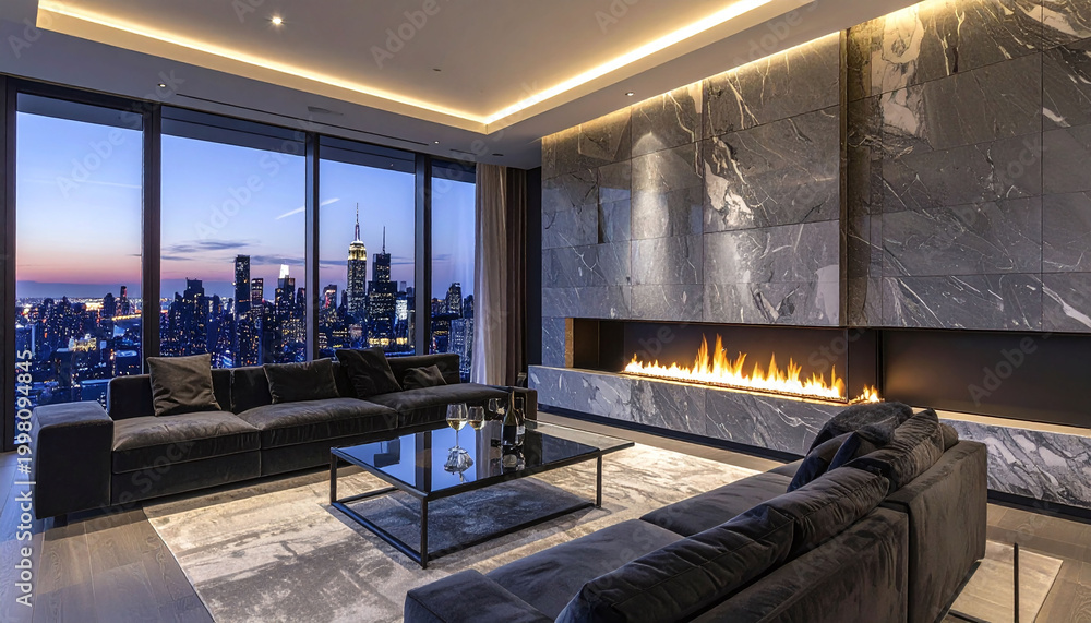 Fototapeta premium Luxury penthouse living room with a modern marble fireplace and floortoceiling windows overlooking the New York City skyline at sunset. Perfect for highend real estate marketing.