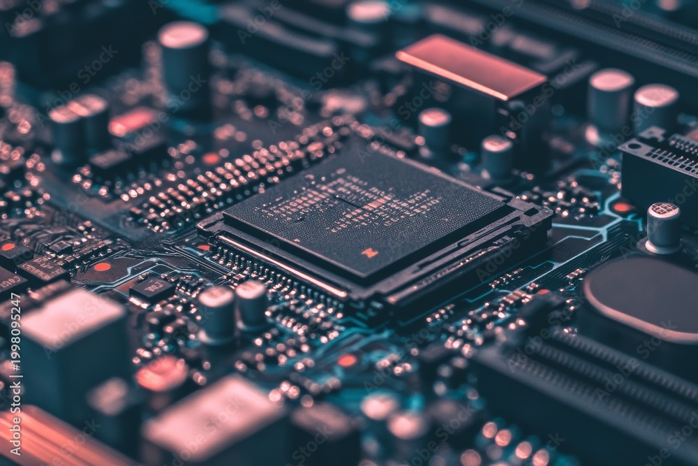 Obraz premium Detail of a computer motherboard showing processor, capacitors, and other electronic components in a close-up view