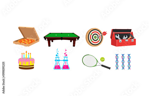 A diverse collection of vector icons showcasing various objects like food, hobbies, and science illustrations for multiple uses