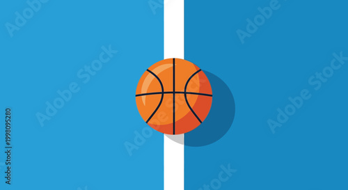 Overhead view of an orange basketball on a blue court with white line