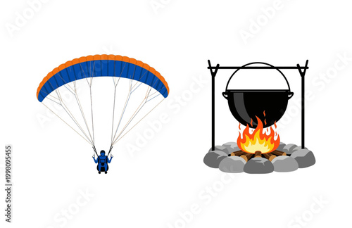 Vibrant vector set paragliding sport and outdoor campfire cooking for adventure travel