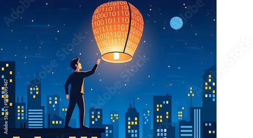Young Man Releasing Binary Night Lantern Over City