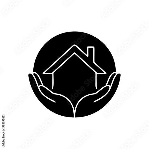 Home Care Protection Icon – Minimalist House in Hands Line Art, Real Estate & Insurance Vector, Black Circle Symbol