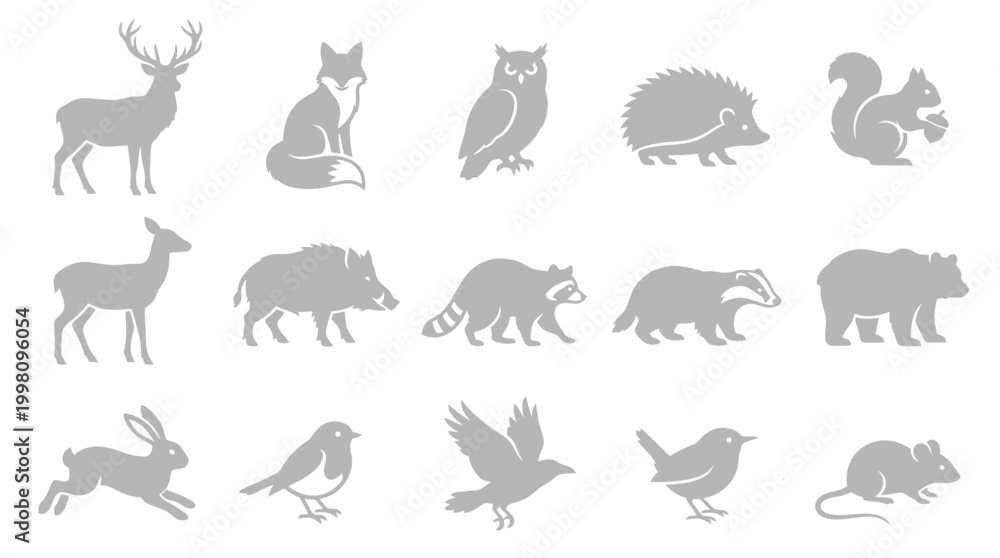 Fototapeta premium A collection of silhouette illustrations of various wild animals found in forests and woodlands.