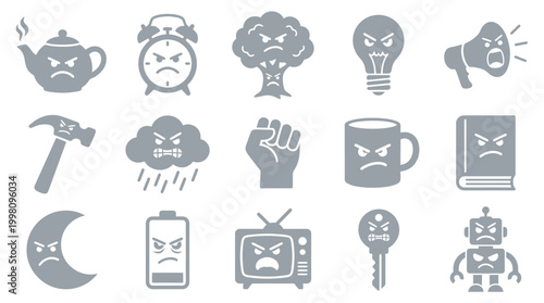 Quadro su tela A collection of 15 gray icons representing various objects and concepts with angry or frustrated facial expressions