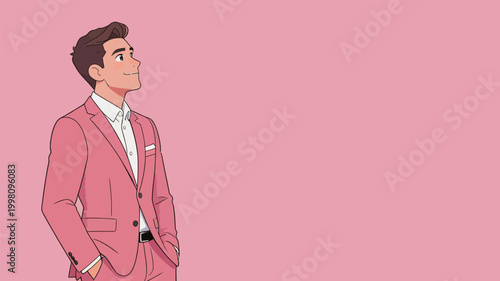 Stylish young man in pink suit looking upwards thoughtfully