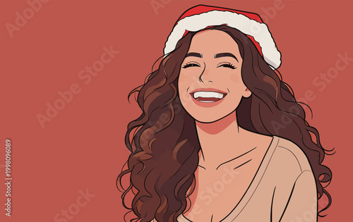 Cheerful Christmas Woman with Curly Hair Smiling Happily