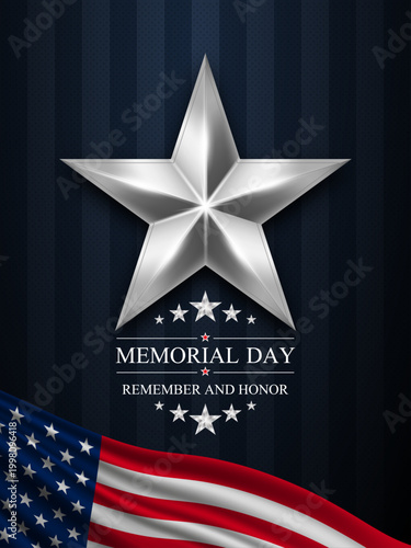 Foto Memorial Day Vertical patriotic poster with large silver star on dark striped background with waving American flag