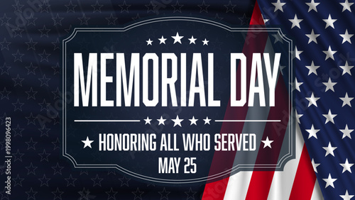 Memorial Day Patriotic banner with waving American flag  on dark blue background with small stars. Vector illustration.