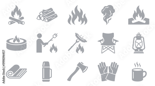 Collection of camping and outdoor activity icons, including campfires, cooking, and essential gear.