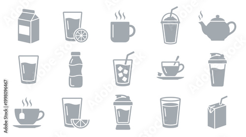 A collection of 15 diverse beverage icons, including milk cartons, glasses of water, hot drinks in mugs and cups, iced beverages, and teapots, presented in a clean, monochromatic grey.