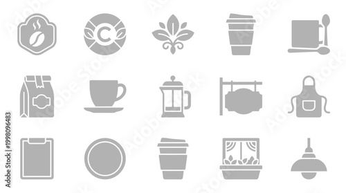 A collection of 15 grey icons representing various elements related to coffee shops and cafes, including coffee beans, cups, and brewing equipment.