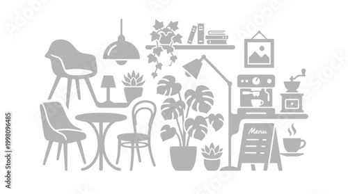 A minimalist, monochromatic illustration depicting a cozy cafe interior with furniture, plants, and coffee-making equipment.